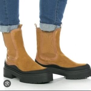 Sam Edelman Tan Suede Chelsea Booties with Black Lug Sole